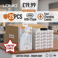 25pcs 3 Metre Fast Charging Ldnio USB/Type C Cable - Retail packed (Bulk offer)